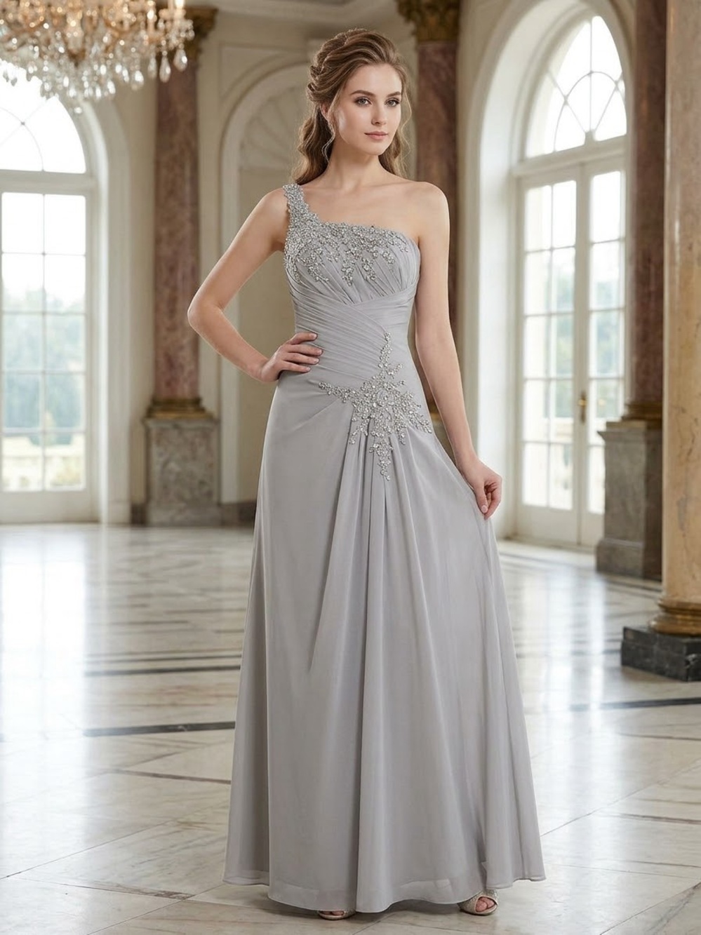 NEW HEBEOS Women Gray Ball Gown Maxi Dress Size XS One Shoulder Beaded Wedding